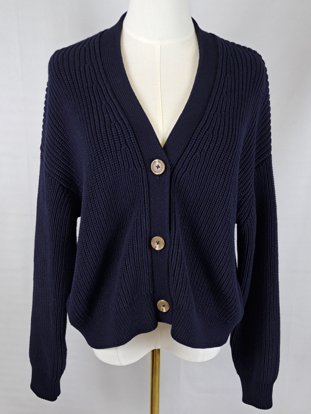 Quince Navy Blue Organic Cotton Fisherman Boxy Cropped Cardigan Sweater Size S